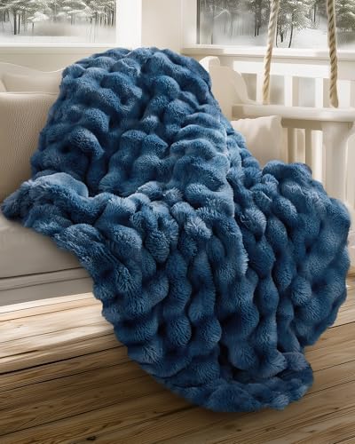 blunique Faux Rabbit Fur Throw Blanket ??? Ultra Soft, Fluffy & Warm Decorative Blanket for Couch, Sofa, or Bed ??? 50x60 Inches, All-Season Cozy Gift, Blue