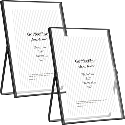 GorYeeFine Black 5x7'' Floating Picture Frame Set of 2,For Photo Sizes (3.5 x5'',4x 6''), Beautiful Metal Beaded Edge Frames Adjustable Tabletop/Shelf Photo Frame,Classy Gift Choice for Wedding
