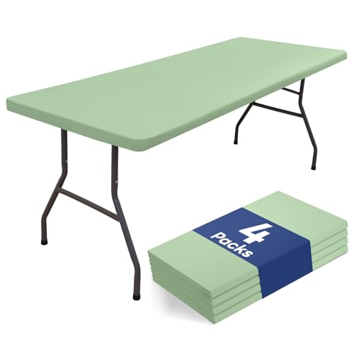 "homing 4 Packs 6 Foot Rectangle Table Cloth, Waterproof Polyester Elastic Fitted Tablecloth, Washable Table Cover for Picnic, Camping, Outdoor (Sage Green, 30"" x 72"")"