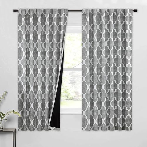 Beauoop Moroccan 100% Blackout Curtains Bedroom Grey 50x63 2 Panels - Geometric Room Darkening Drapes for Living Room 84 Inch Long Thermal Insulated Soundproof Lattice Window Treatment Rod Pocket