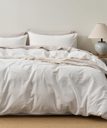 JELLYMONI 100% Cotton King Duvet Cover Set, Washed Linen-Like Texture - Pre-Shrunk Breathable Bedding with Natural Wrinkles, Wide Zipper, Colorfast, 8 Ties,1 Duvet Cover&2 Pillowcases