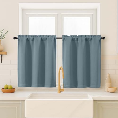 "OVZME Stone Blue Blackout Curtains for Small Window Treatment, Light Blocking Short Kitchen Window Curtains Over Sink, Dual Rod Pocket Half Window Tiers for Bathroom Basement, Each 40"" Wx36 L, 2 PCS"
