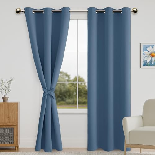 DWCN Blackout Curtains for Bedroom with Tiebacks - Room Darkening Privacy Grommet Top Window Curtains for Living Room, 42 x 84 inches Long, Airy Blue, Set of 2 Panels