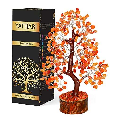 YATHABI Carnelian Feng Shui Gemstone Crystal Tree Bonsai Trees for Chakra Healing Stone Crystals Good Luck House Decoration Spiritual Gift Office Table Décor Size 10-12 Inch (Silver Wire)…