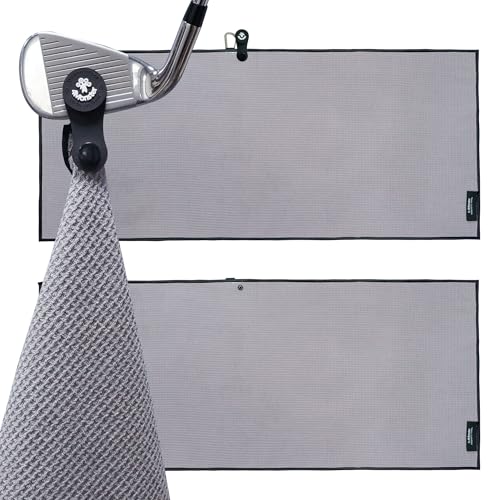 4Monster Golf Towels 2-Pack with Detachable Magnet and Portable Pouch, Quick-Dry Microfiber Golf Towel Set for Golf Bags,Custom Towel Gifts for Men or Women (2, Grey)
