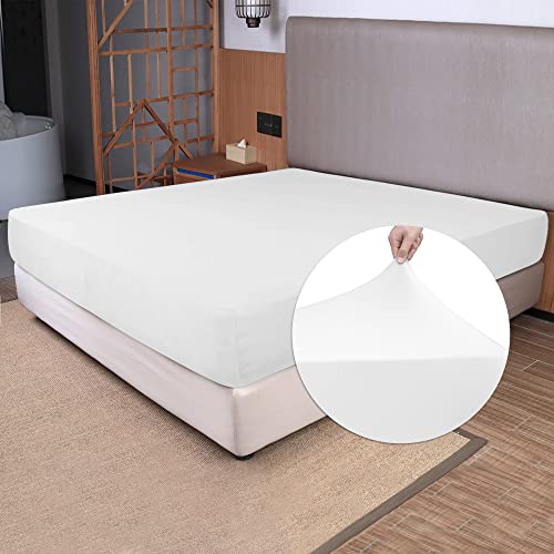 "Soft Stretch Queen Size Fitted Sheet Only - Jersey Knit, Cozy T-Shirt Like & 4-Way Stretchy Snug Fit & Stay in Place, No More Slipping Off for Mattress (Deep: 5""-16"") - White, Queen"