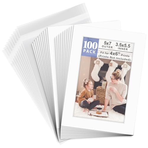 Pack of 100 5x7 WHITE Picture Mats Mattes with White Core Bevel Cut for 4x6 Photo + Back + Bags