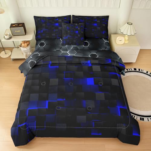 Peopleareok 6 Piece Black and Blue Checkered Comforter Sets Full for Boys, Soft Microfiber Geometric Checkered All Season Bed in a Bag for Dorm with Sheets, Pillowcase, Decorative Pillow