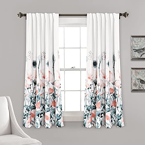"Lush Decor Zuri Flora Room Darkening Window Curtain Panel Pair, 63"" Long x 52"" Wide, Blue & Coral"