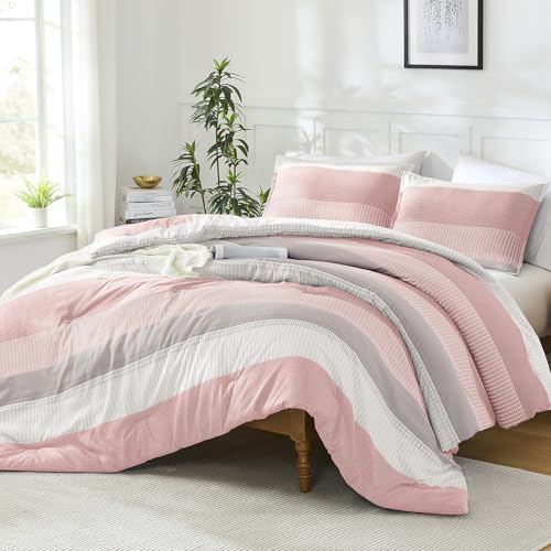 Litanika Blush Pink California King Comforter Set - 3 Pieces Stripe Bed Set - Fluffy Lightweight Soft Colorblock Down Alternative All Season Bed Set