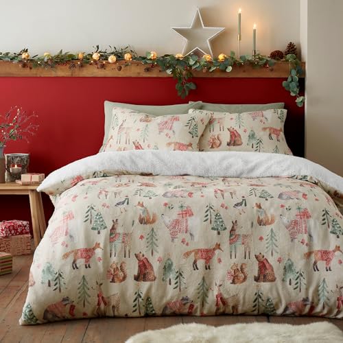 Fusion Woodland Animals Duvet Cover Single Bed Teddy Fleece Winter Bedding (140x200cm) – Reversible – 1 Pillowcase – Natural Christmas Design – Soft Festive Bedding, Cream