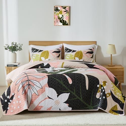 "Yogeneg King Quilt Bedding Set,Elegant Botanical Pattern Oliver Green King/Cal King Quilt Set,3 Piece Lightweight Soft Summer Bedspread Coverlet with 2 PIillow Shams,All Season(Oliver Green,110""x96"")"
