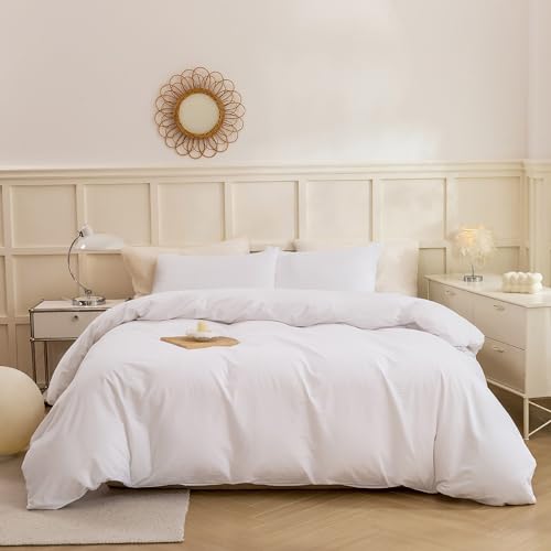 ECOCOTT White Duvet Cover King Size - 100% Washed Cotton Durable Soft Comfy Duvet Cover Set, 3 Pieces Duvet Cover with Zipper Closure