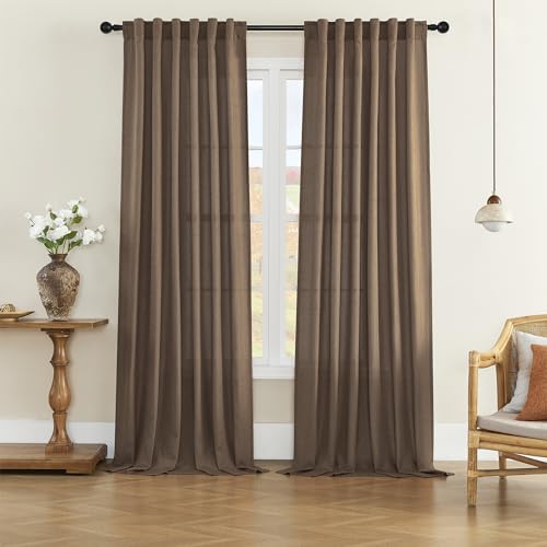 "DONREN Natural Linen Blended Curtains - Back Tab Window Treatments Panels Drapes for Living Room/Bedroom, Light Filtering Semi Sheer (Set of 2, 50"" x 96"", Brown)"