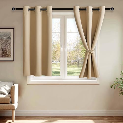 JIUZHEN Beige Blackout Curtains with Tiebacks - Thermal Insulated, Light Blocking and Noise Reducing Grommet Curtain Drapes for Bedroom and Living Room, Set of 2 Panels, 42 x 45 Inch Length