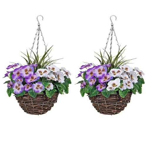 2 x Hanging Baskets with Purple and White Flowers and Decorative Grasses (Set of 2)