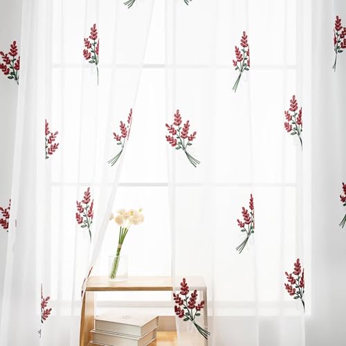 Karseteli Floral Sheer Curtains Embroidered Lavender Patterned Semi-Sheer Curtain 63 Inches Long 2 Panels Rod Pocket Spring Voile Drapes for Living Room, Bedroom(W52 x L63 Inch, White&Burgundy)