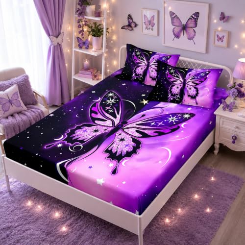 HOSIMA Girls Butterfly Twin Bedding Sets,1 Fitted Sheet+2 Pillowcases. - Symmetrical Aesthetics Butterfly Fitted Sheet,Black Purple Background Print Animal Bedding with Stars Pattern for Room Decor