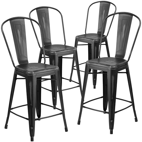 "Flash Furniture Blake Commercial Grade 4 Pack 24"" High Distressed Black Metal Indoor-Outdoor Counter Height Stool with Back"
