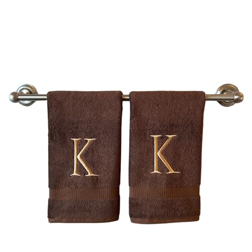 Brown with Beige Monogrammed Hand Towels for Bathroom - Set of 2 Letter K - Luxury Hotel Quality Initial Towels For Powder Room, Spa, GOTS Organic Certified