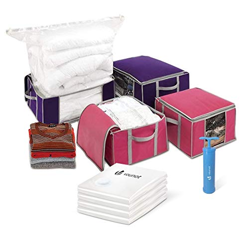 VOUNOT Set of 4 vacuum storage bag Large Capacity XXL - 4 Vacuum bags with 4 storage boxes - 2 small model 154L and 2 large models 484L - Compression Bag- Compression box, Multi-coloured