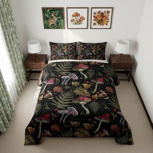 Castle Fairy Wild Mushroom Bed Comforters Set King Size,Burgundy Plant Fallen Leaves Super Soft Microfiber Bedding Set for Girls/Boys,Embroidery Snail Print Decorative Comforter Set,2 Pillowcase
