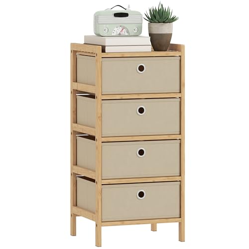 HOMCOM Chest of Drawers, 4 Fabric Drawers Dresser with Bamboo Frame, Narrow Storage Unit for Small Spaces, Bedroom, Living Room, Hallway, Cream White