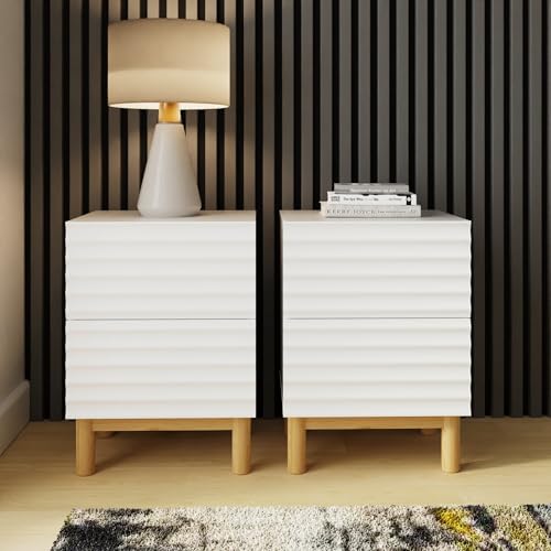 GFW Karla Bedside Table Set of 2 with Ribbed Front Drawers, White Nightstands with Wooden Legs, Modern Bedroom Storage Tables