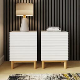 GFW Karla Bedside Table Set of 2 with Ribbed Front Drawers, White Nightstands with Wooden Legs, Modern Bedroom Storage Tables