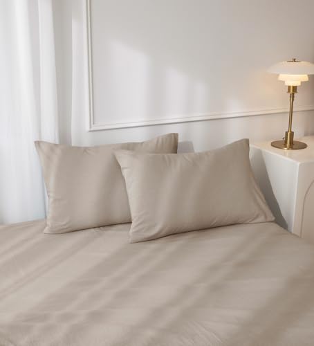 JIYUAN 100% Washed Cotton Pillowcases Set Envelope Closure Pack of 2 Comfy Simple Style Soft Breathable Textured Durable Linen Feel Bedding for All Seasons Queen Size, Warm Taupe