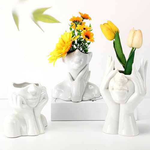Sieral 3 Pcs Ceramic Face Vase Female Form Flower Vase for Decor Modern Body Vase Decorative Head Vase Head Half Body Bust Vases Centerpiece for Table Shelf Home Bedroom Room Office(Small,White)