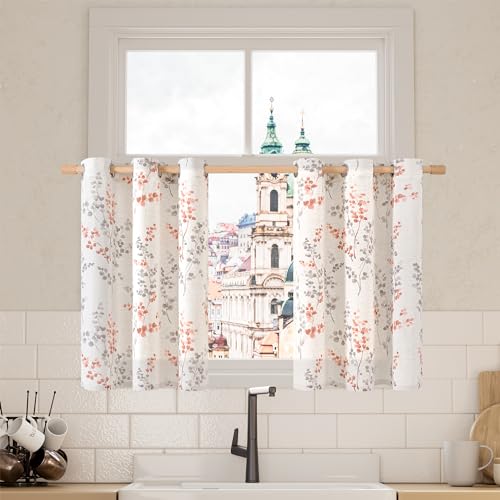 BGment Short Linen Curtains 36 Inch Length 2 Panels Set, Half Window Cafe Curtains for Dining Room Farmhouse Bathroom Kitchen, Print Leaf Design, Each 42 Inch Wide, Terracotta