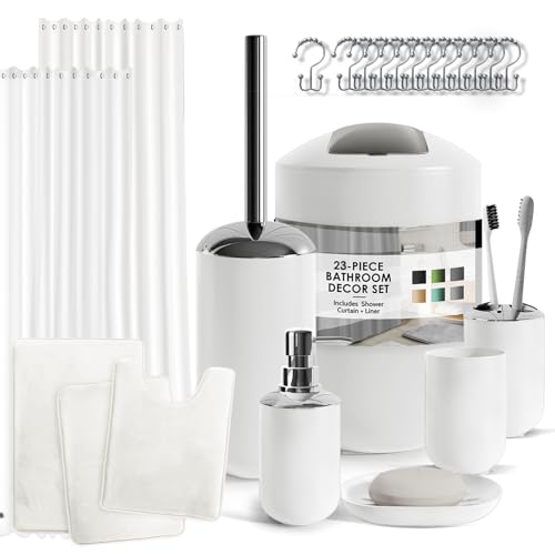Clara Clark Bathroom Set - White Bathroom Accessories Set, Bathroom Sets with Shower Curtain and Rugs, 23PC Shower Curtain Set with Liner, Soap Dispenser, Soap Dish, Toilet Brush Holder, and Trash Can