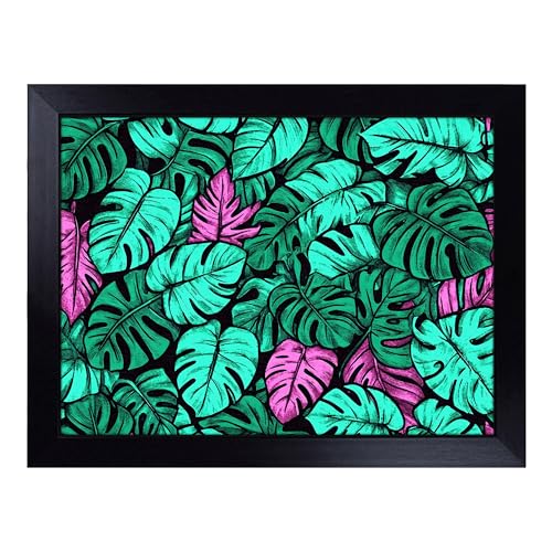 Lap Tray with Bean Bag Cushion, Tropical Leaf Pattern - Handmade in the UK, Raised Wooden Edge, Padded Cushion, Heat-Resistant Wipe-Clean Surface, for Meals, Laptops and Crafts