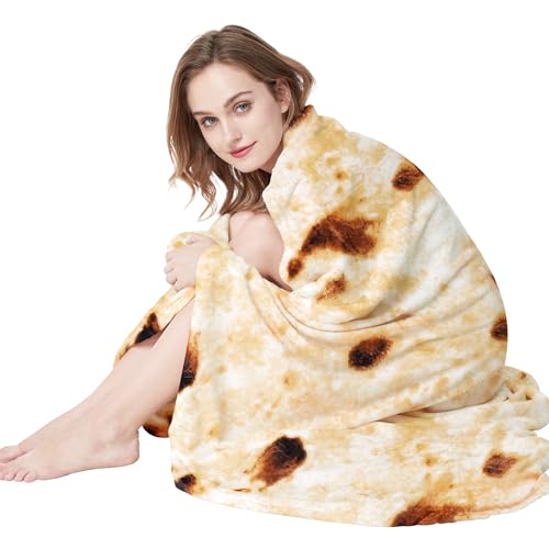 LetsFunny Burrito Tortilla Throw Blanket, Novel Cute Stuff, 71in - Double Sided Soft Flannel, Taco Tortilla Wrap Blankets for Adults Kids, Funny Realistic Food Blankets, White Elephant Gifts