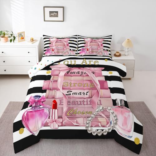 Erosebridal Pink Cute Queen Bedding Sets Girly Fashion Bow Comforter Set for Girls Teens Kids Women Modern Black and White Stripe Quilt Positive Quotes Books Pearl Perfume Bed Sets