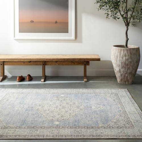 Livabliss x Becki Owens Simran Vintage Rug - Area Rugs Living Room 200x275 cm, Dining Floor, Kitchen, Traditional Multicoloured Boho Style, Easy Care Pile, Bohemian Large Rug, Denim, Grey, Off-White