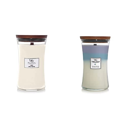 Woodwick Large Hourglass Scented Candle - Linen Linen & Large Hourglass Trilogy Scented Candle - Calming Retreat - with Crackling Wick - Burn Time: Up to 130 Hours Glass, Calming Retreat