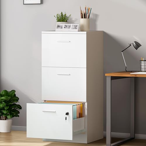 YITAHOME Lockable File Cabinet with 3 Drawers, Filing Cabinet Storage Vertical Lockable Home Office Organizer for A4, Letter (White)
