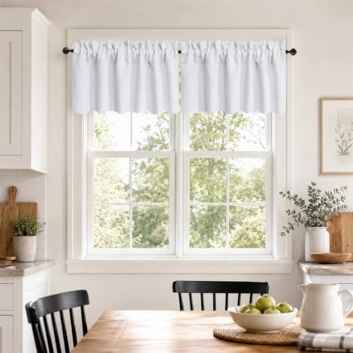 Aquazolax White Valance Curtains for Windows - Blackout 52x14 Inch Small Short Valences for Bathroom Laundry Basement, 2 Pack Set