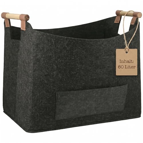 GILDE Large Firewood Basket for Firewood Bag Made of Robust Felt - Firewood Basket - Waste Paper Collector Felt Basket Large - Anthracite Dark Grey - 45 x 32 cm Height 40 cm