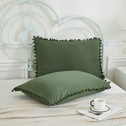 Dark Green Pom Poms Pillowcases, Green Standard Pillow Cases Set of 2, 100% Washed Microfiber, Bronze Green Ball Fringe Pillow Cover, 2 Pack
