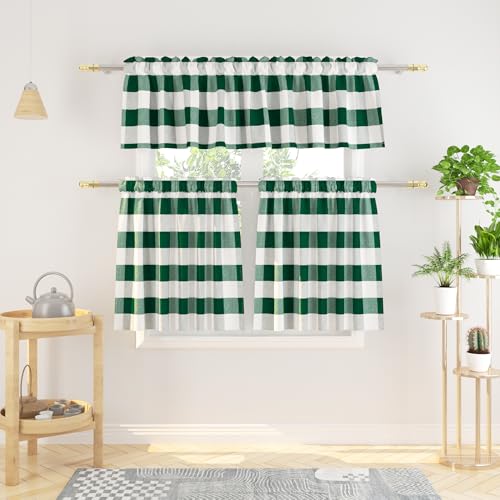 "3 Pieces Tier Curtains and Valance Set Buffalo Check Kitchen Tiers Plaid Gingham Rod Pocket Classic Short Small Cafe Curtains Country Farmhouse Cafe Bathroom 54""x18""/27""x24"" Dark Green & White"