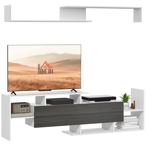 "HOMCOM Modern TV Cabinet with Wall Shelf, TV Unit with Storage Shelf and Cabinet, for Wall-Mounted 65"" TVs or Standing 40"" TVs, White and Grey"