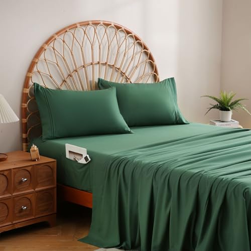 JSD Hunter Green Sheet Set Queen Size, 4 Piece Microfiber Sheets with Side Pocket Corner Straps, Extra Deep Pocket Oeko Tex Certified