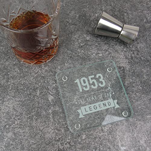 eBuyGB Engraved Square Glass Coaster -1953 Year of The Legend Design - 70th Birthday Gifts for Him, Men - Gift for Dad, Grandad, Friend - Drinks Mat, Placemat