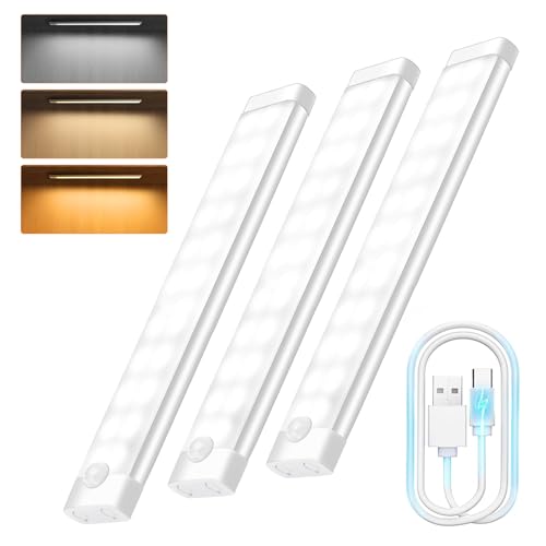 Woobroo Motion Sensor Lights - 20cm Under Cabinet Kitchen Lights, 3 Color Rechargeable Night Light, Auto On/Off Dimming Wardrobe Lights for Stairs, Under Cabinet, Closet, Room, Wardrobe, 3 Pack