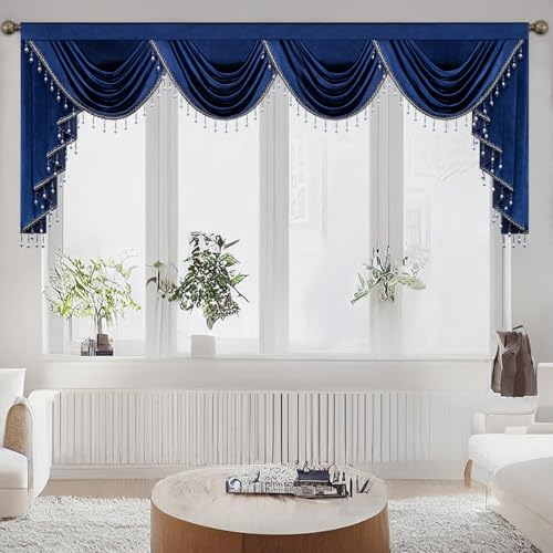 "Leeva Luxury Waterfall Valance Curtains, Extra Wide Decorative Blue Window Valances for Kitchen Bedroom, 110""x43"", Rod Pocket"