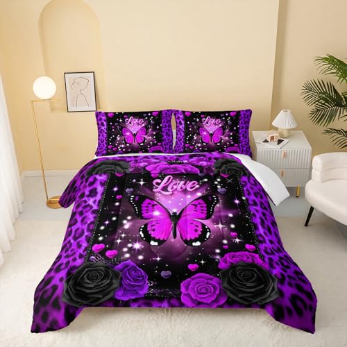 QOOMO 3Pcs Leopard Print Comforter Set Full Size,Cartoon Butterfly Bedding Set for Teens Boys Girls,Purple Comforter with 2 Pillowcases,Soft and Lightweight