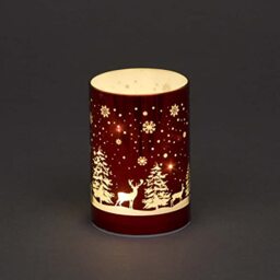 SHATCHI 13cm Christmas Decorated Vase Table Lamp Etched Glass Tube Forest Scene Red Cylinder LED Fairy Lights Battery Operated